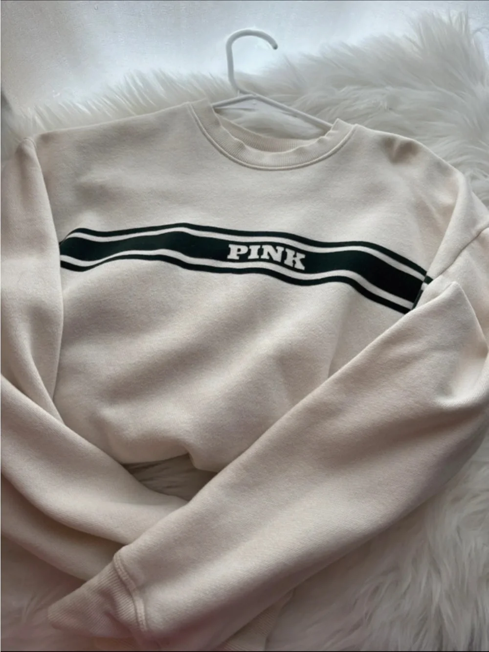 PINK Crewneck Sweatshirt - Cream with Dark Green Stripe